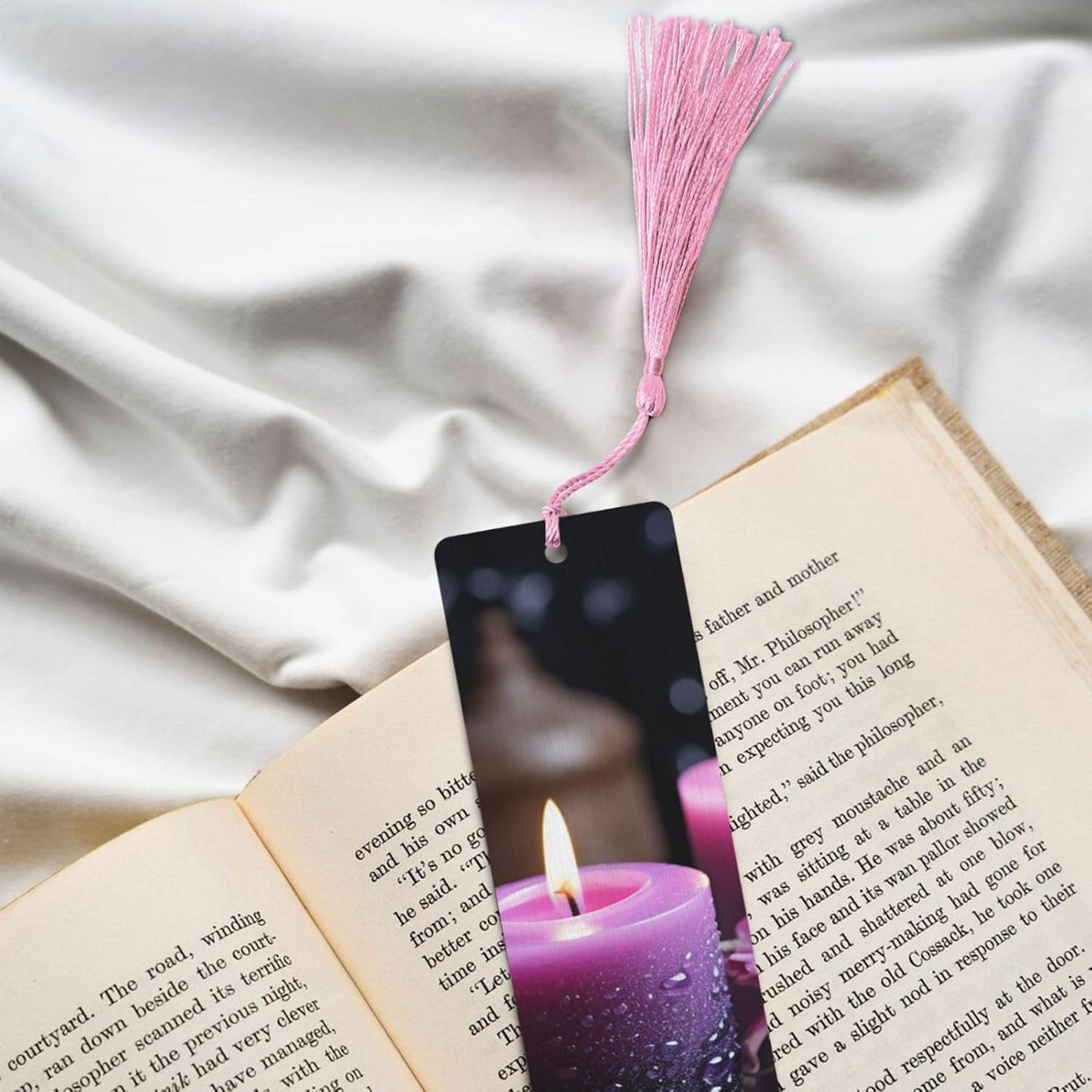 5 Pieces Wooden Bookmark for Men Women Reading Wooden Bookmarks Unique Handmade Wood Book Marks with Tassel Pendant Craft Purple Flowers and Candles Bookmark for Book Lovers Birthday Teachers Gift