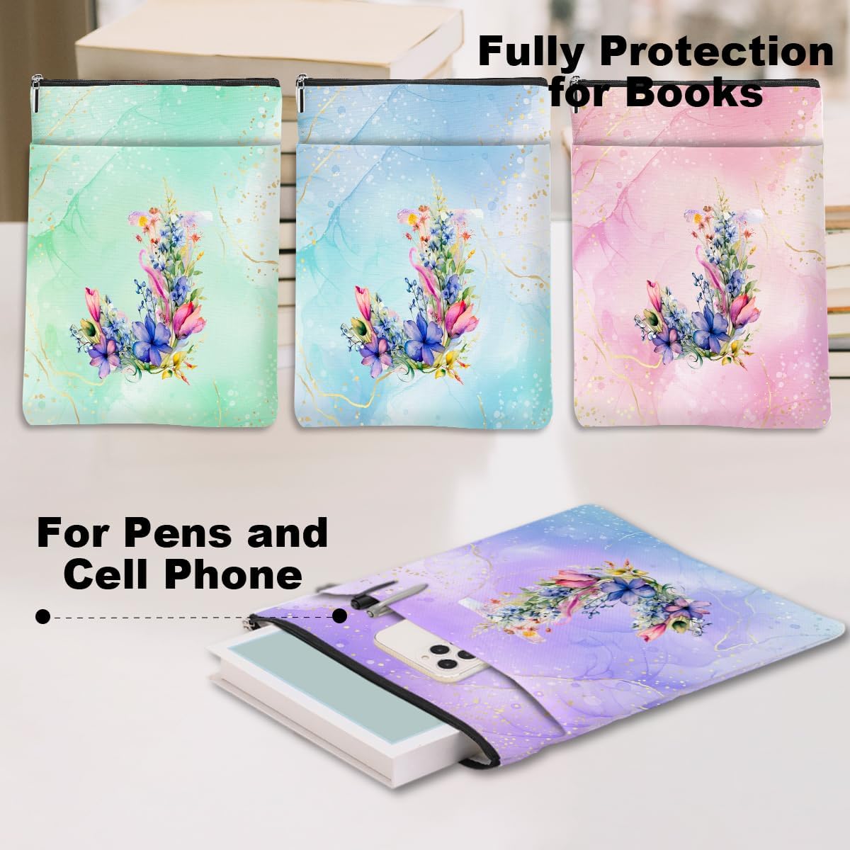 4Pcs Initial J Book Lovers Gifts Book Sleeve Waterproof Books Cover Pouch Personalized Monogrammed Gifts for Women Men Girl Reader Bookish Reading Accessories for Birthday Christmas Appreciation