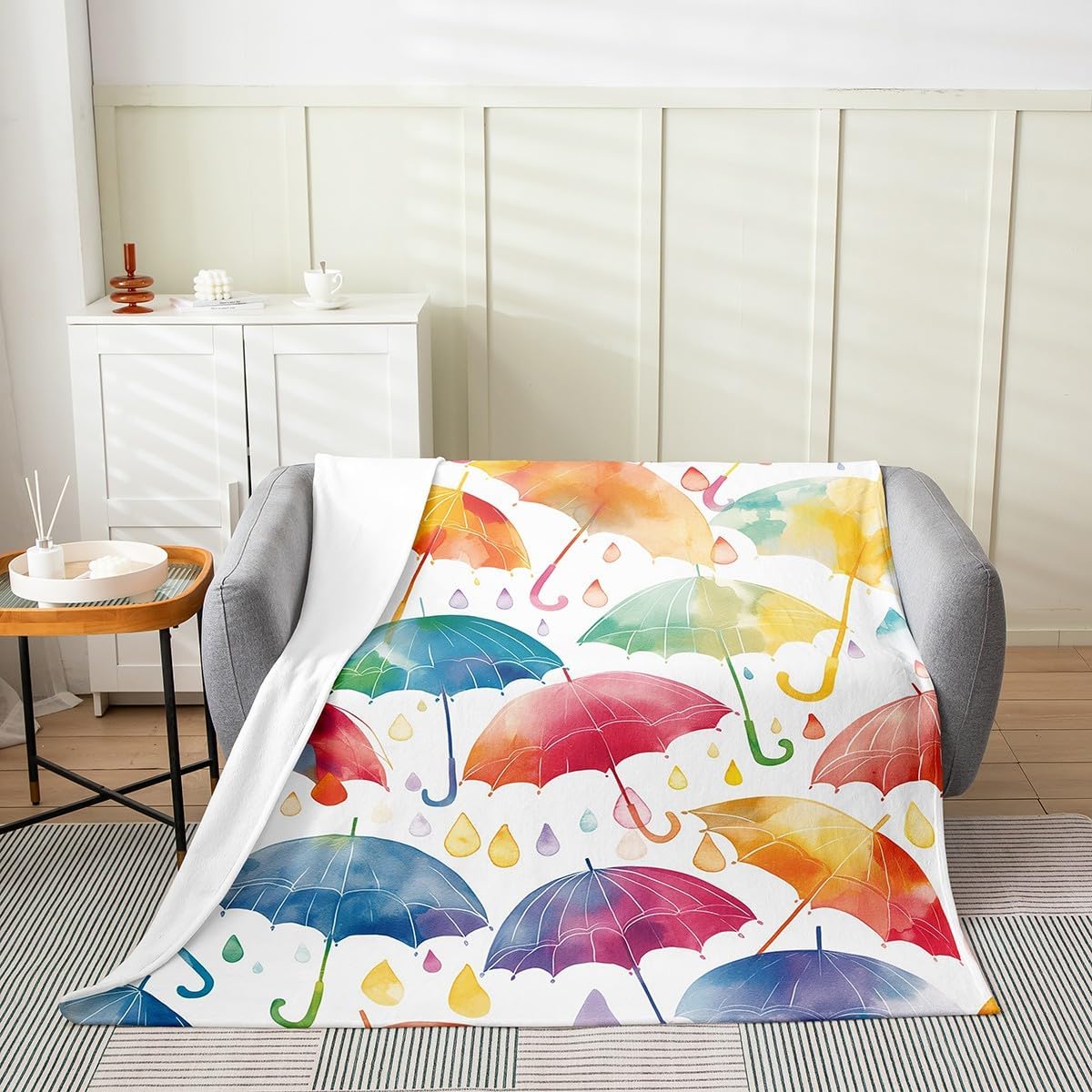 Feelyou Umbrella Fuzzy Blanket Queen 90"x90" Cartoon Umbrella Flannel Fleece Throw Blanket for Sofa Couch Teens Toddler Colorful All Season Bed Blanket Raindrop Plush Blanket