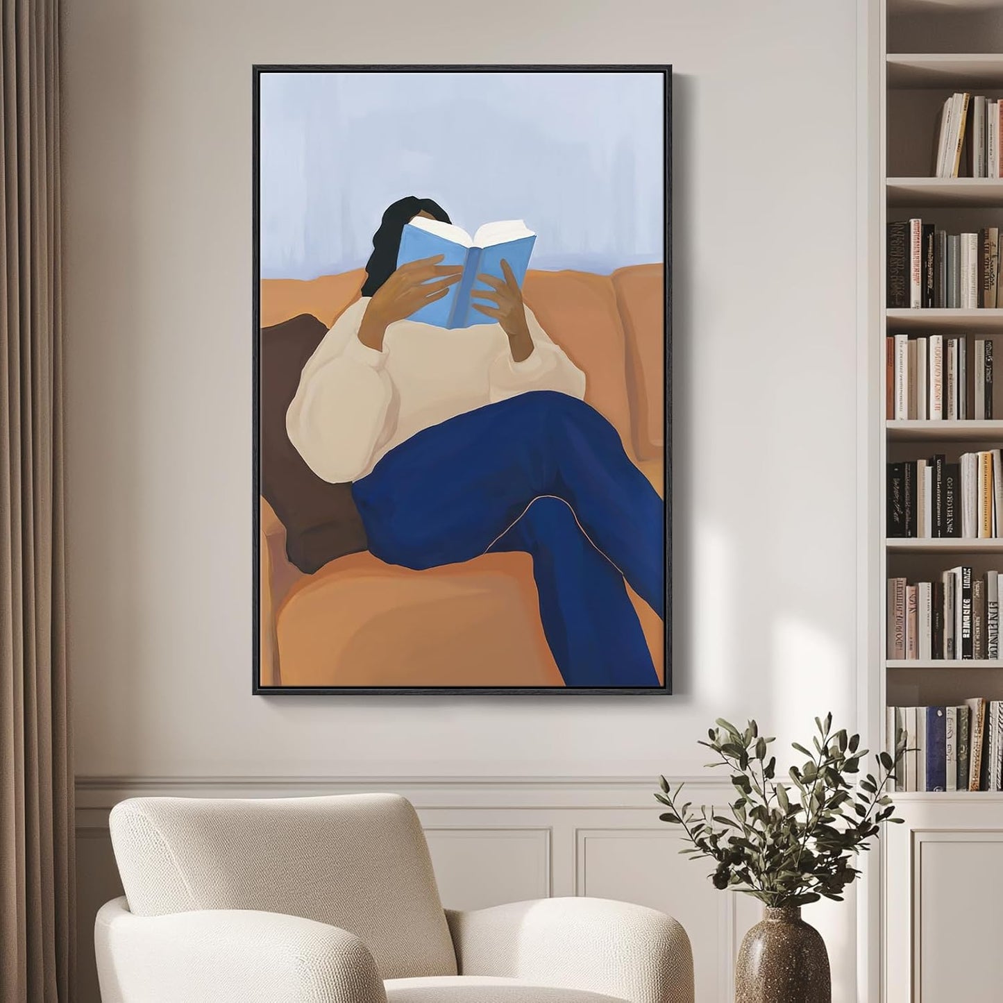 Framed Black Woman Reading Wall Art for Living Room, Modern Funny Blue Book Brown Canvas Picture Artwork, Funny Portrait Painting Prints for Dining Room Hallway Home Office Wall Decor, 24x36 Inch