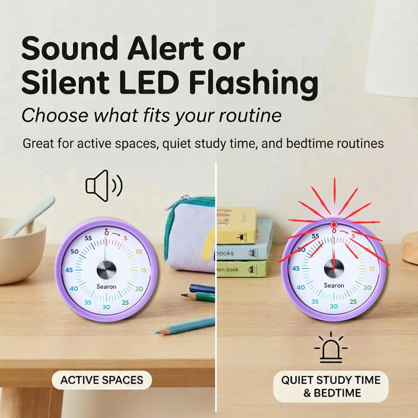 Searon Visual Timer for Kids with Magnet, Quiet 60 Minute Countdown Timer with Rainbow Disk, Sound or Silent LED Alert, for Homework, Reading, Study Time, Kitchen & Small Spaces (Purple)