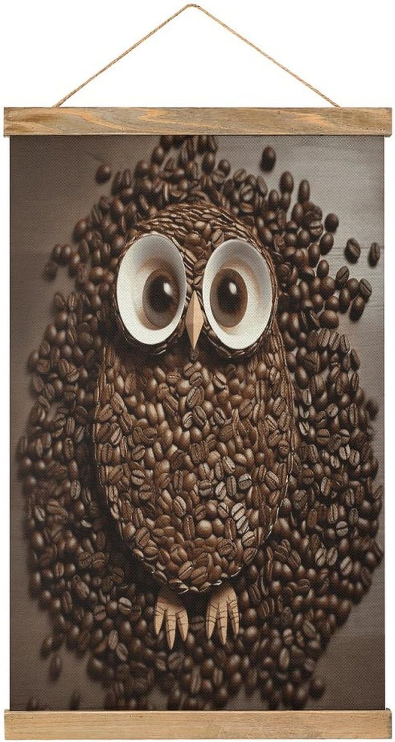 Vintage Coffee Bean Owl Poster with Wooden Frame Personalized Linen Hanging Scroll Painting Rustic Wall Hanging Illustrative Modern Artwork Decor for Home Living Room Bedroom Office