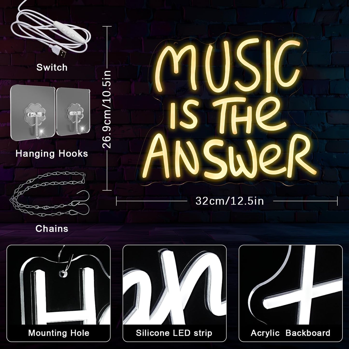 Music Is The Answer Neon Sign for Wall Decor Warm White Letter Neon Light Live Music Neon Light Sign LED Word Light for Studio Concert Bar Bedroom Decoration