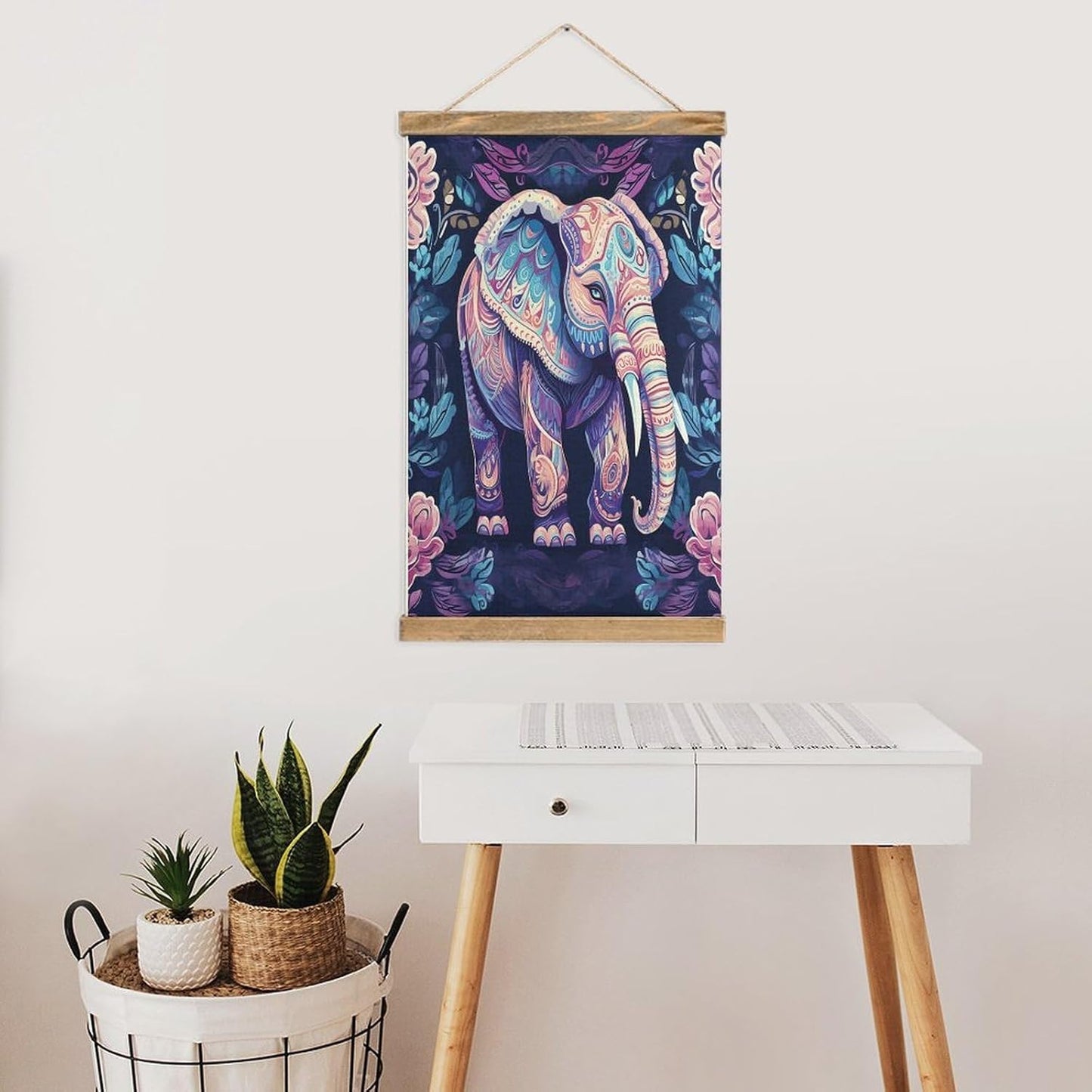 Vintage Purple Elephant Poster with Wooden Frame Personalized Linen Hanging Scroll Painting Rustic Wall Hanging Illustrative Modern Artwork Decor for Home Living Room Bedroom Office