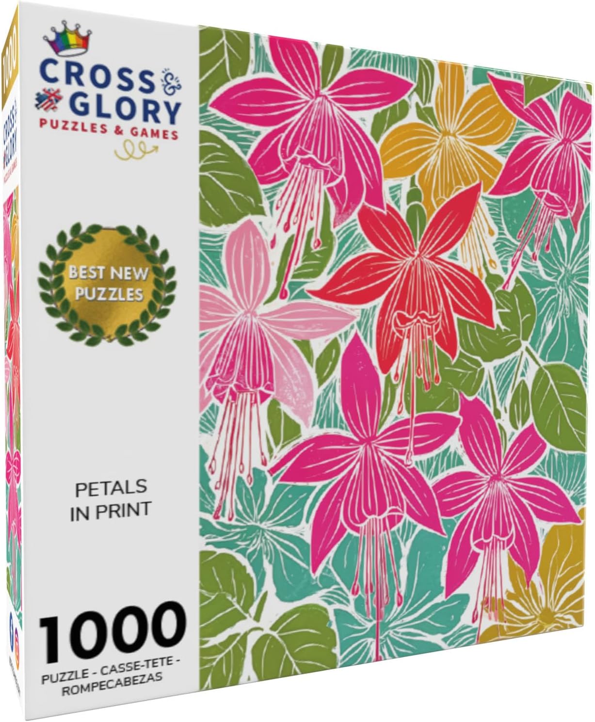 Cross & Glory - Petals in Print - 1000 Piece Jigsaw Puzzle for Adults | Colorful Fuchsia Floral Block Print for Puzzle Lovers and Art Enthusiasts
