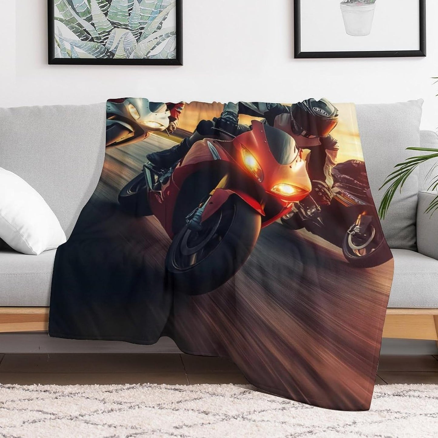 Motorbike Motorcycle Racing Throw Blanket for Couch Bed Plush Cozy Fuzzy Flannel Blanket for All Season 50"x70"