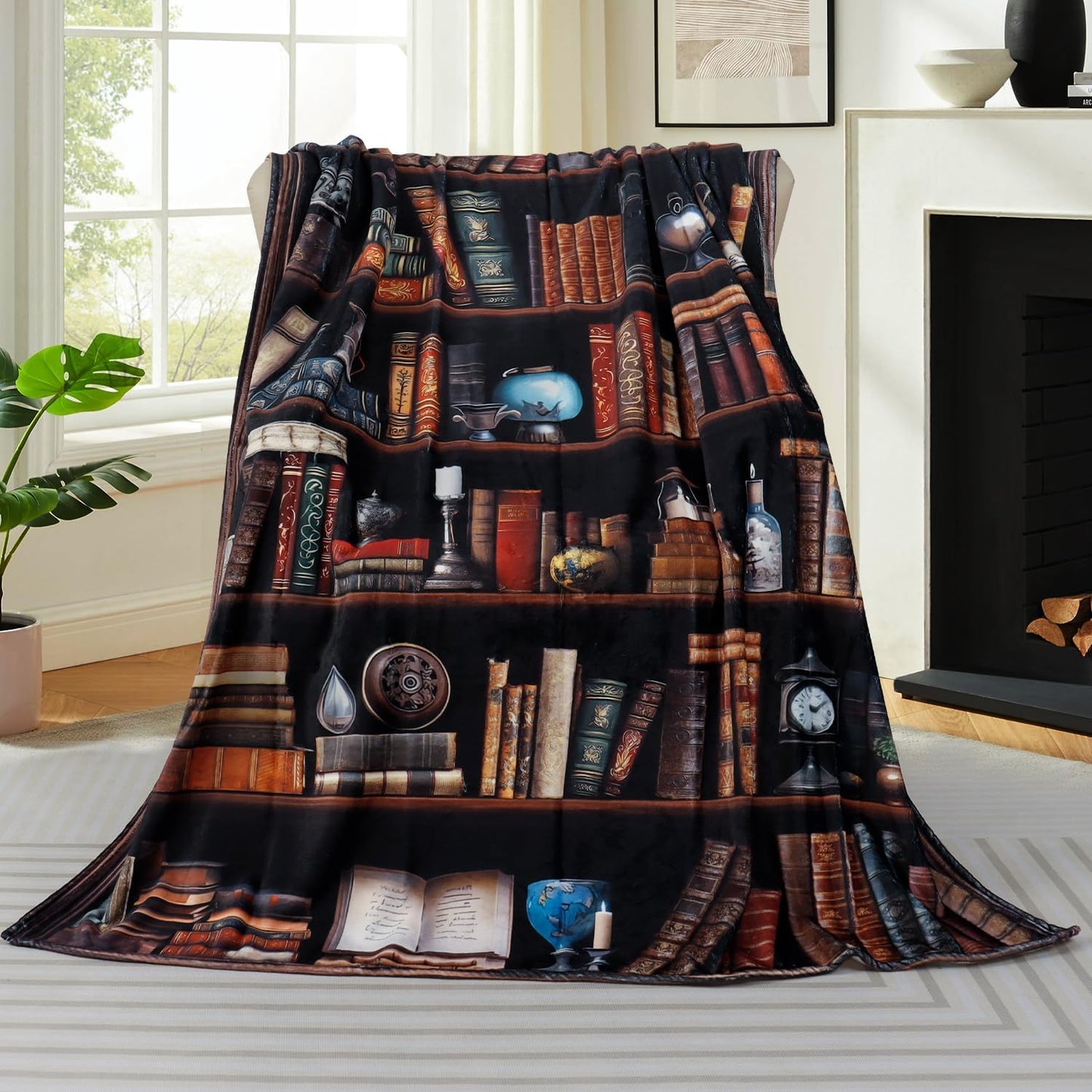 Vintage Bookshelf Throw Blanket Reading Book Blanket for Book Lovers Lightweight Warm Cozy Fuzzy Plush Flannel Blanket Library Bookcase Throw Blanket for Bed Chair Couch 50" X 60"