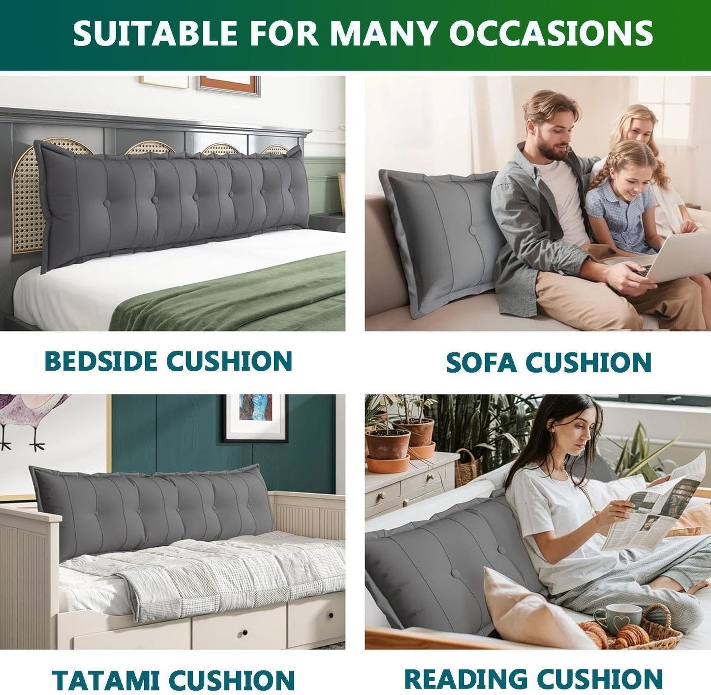 Bed Reading Rest Pillow, Luxurious Couch Back Cushions 60/80/100/120cm Reading Headboard Pillow Removable Lumbar Support Pillow for Queen/King/Twin