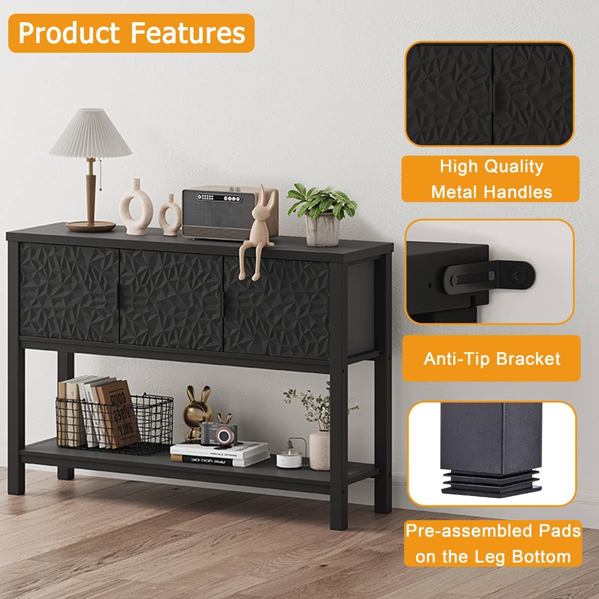 FATORRI Console Sofa Table, Entryway Table with Storage, Modern Foyer Tables with Doors for Hallway Dining Living Room (47.24 Inch Wide, Black)