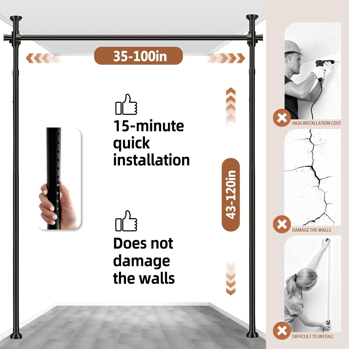AJAZZ Room Divider Curtain Rod, No Drilling Room Separator for Space Partition Adjustable (H) 43-120×(W) 35-100 inch Heavy Duty Temporary Wall Divider Floor to Ceiling Tension Rod, Black