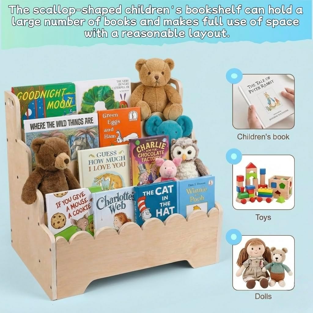 Small Wooden Bookshelf 4-Tier, Natural Pine Wood Kids Bookshelf, Scalloped Toddler Book Shelf, Baby Nursery Book Shelf, Display Front Facing Montessori Book Case for Children Room Playroom