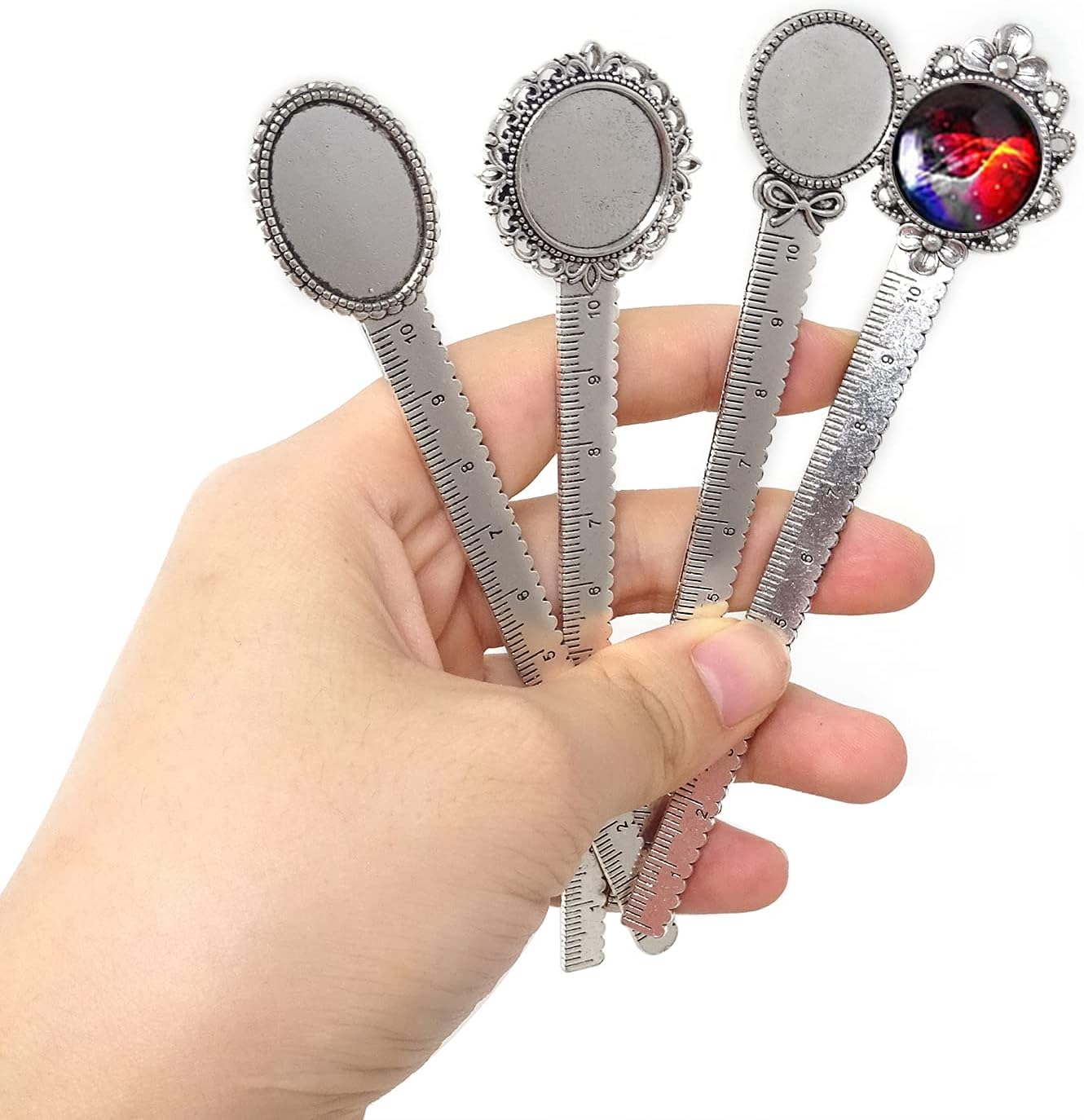 Honbay 8PCS Metal Bookmark Ruler Book Page Marker Retro Ruler Bookmark Pendant Tray Kit for School Office Supplies and Book Gifts Making (4 Styles, 2 Color)