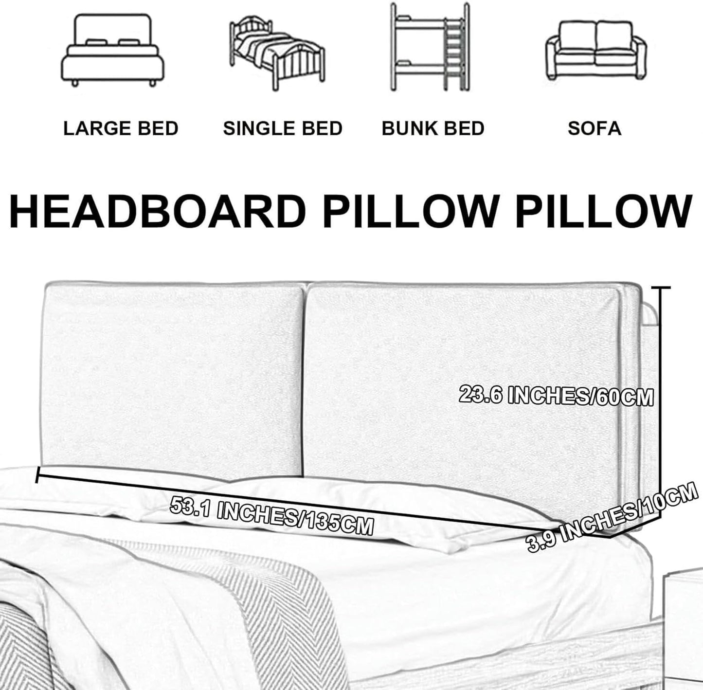 AMNOOL Large Bed Backboard Rectangle Reading Pillow Wall Mounted Headboard Upholstered Tatami Day Bed Backrest Wedge Bolster Neck Lumbar Support Cushion