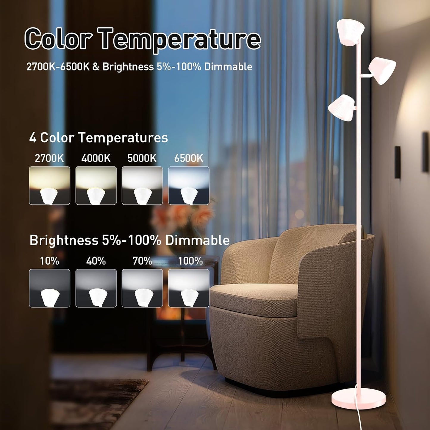 White 42W Tree Floor Lamp, 4200LM Super Bright LED Floor Lamps for Living Room with Remote & Touch Control, 3 Rotatable Lights 4 Color Temperatures, Modern Tall LED Standing Lamp for Bedroom Office