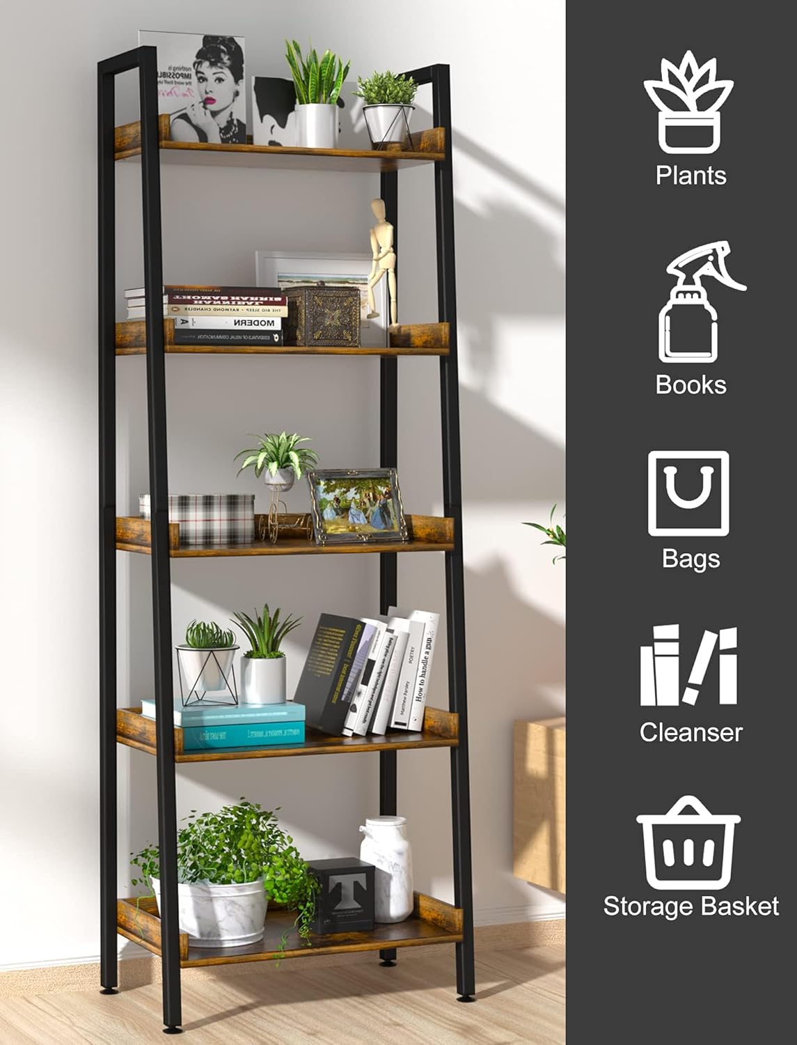ASTARTH Ladder Shelf-5 Tier Bookshelves w/Open Shelf for Storage, Industrial Bookshelf & Tall Ladder Shelf-Metal Frame for Bedroom, Living Room, Kitchen-67.3'' H, Easy Assembly, Rustic Brown