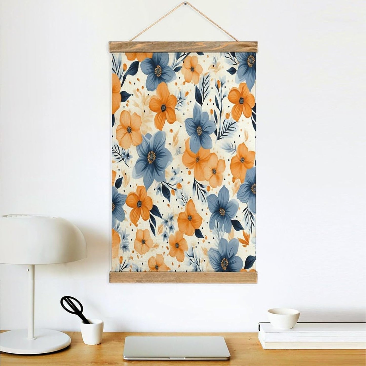 Vintage Blue And Orange Flowers on White Background Poster with Wooden Frame Personalized Linen Hanging Scroll Painting Rustic Wall Hanging Illustrative Modern Artwork Decor for Home Living Room Bedro