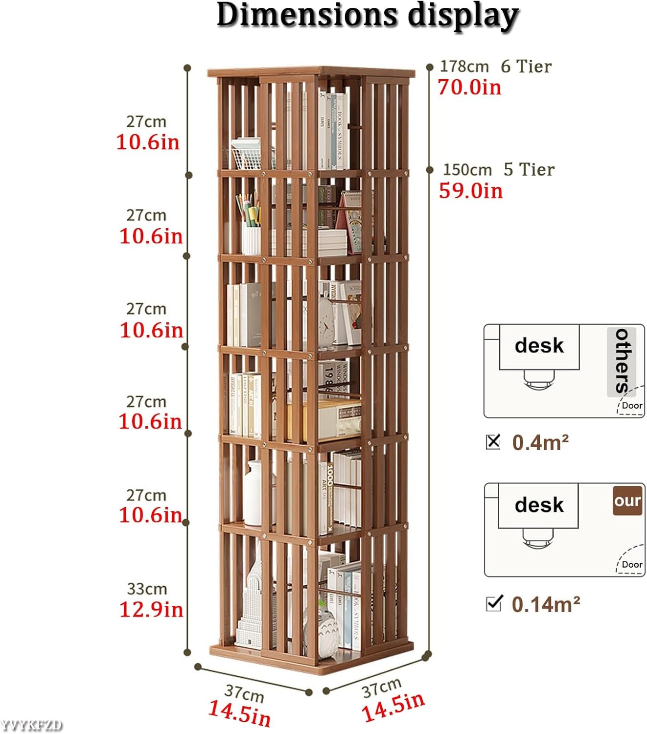YVYKFZD Rotating Bookshelf, Bamboo Revolving Bookcase, Narrow 360° Display Storage Rack, Floor Standing Corner Book Shelf Organizer, for Small Space, Bedroom, Study Room(Brown,6 Tier 14.5x14.5x70in)