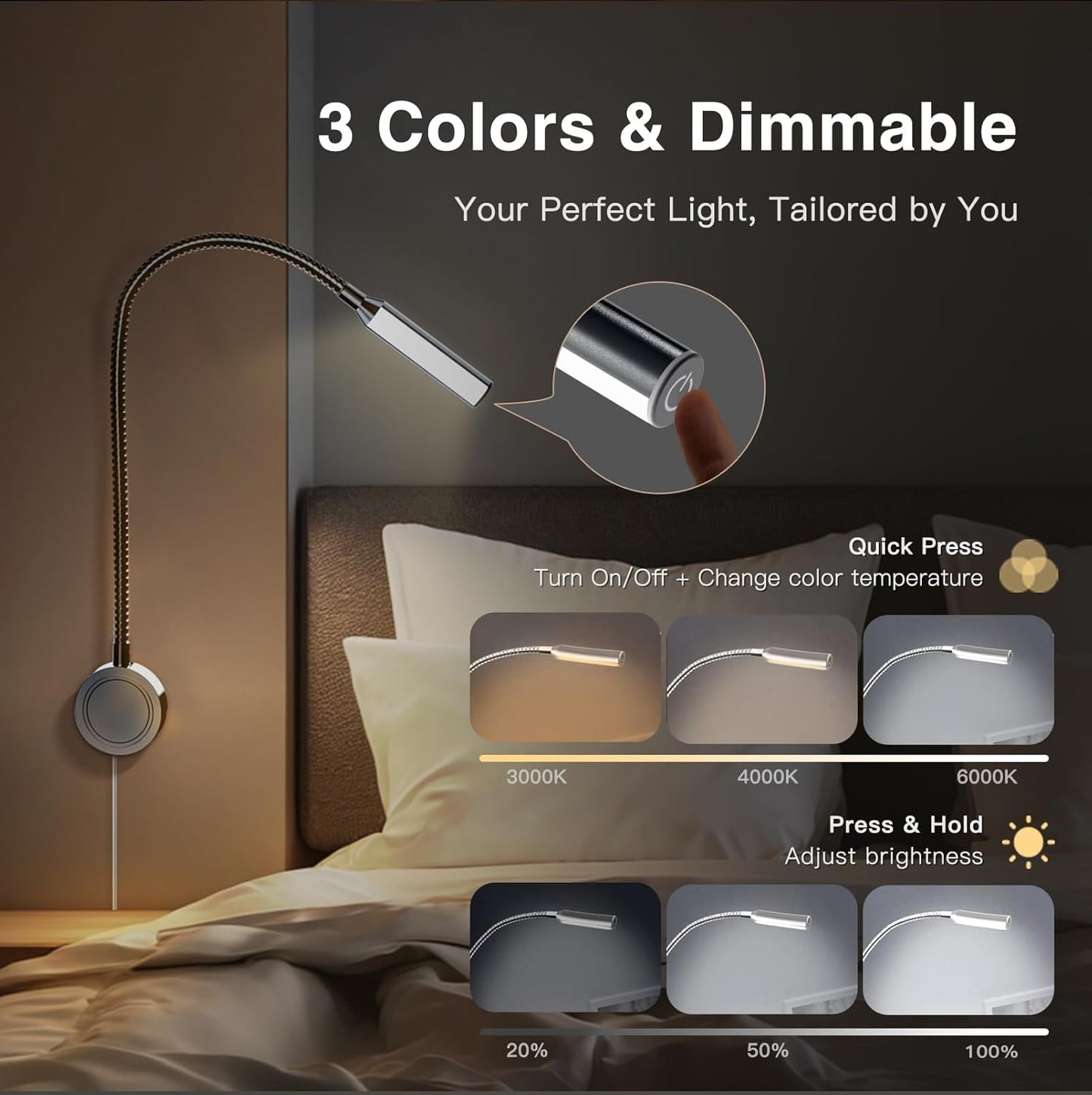 VST Books Lights for Headboard, Bedside Wall Mounted Reading Lamp, Reading Light Touch to Adjust Color Temp (3000K/4000K/6000K) and Brightness, USB/Type-C Charging Ports, 20W Driver, ETL-Listed