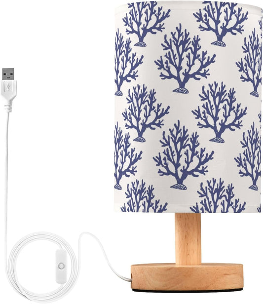 Fustylead Navy Blue Coral Table Lamp for Bedroom USB Port Lamps Small Accent Table Lamp Nightstand Lamp Study Linen Shade with Wooden Base, Decorative Lamps for Bedside Reading|Kids|Dorm|Home