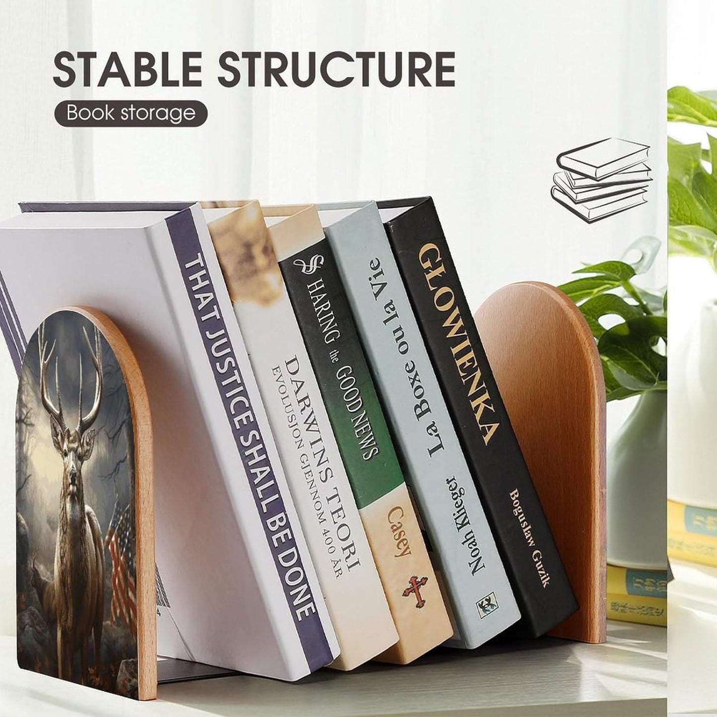 Deer Hunting Season Bookend for Shelves Wooden Book End Large Size Sturdy Book Holders Stoppers with Metal Base for Bookshelves Slick Decorative Bookends Stands