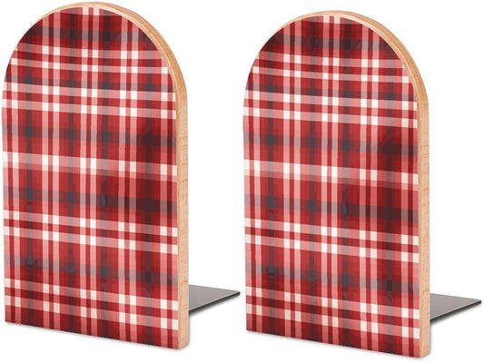 Red Plaid Bookend for Shelves Wooden Book End Large Size Sturdy Book Holders Stoppers with Metal Base for Bookshelves Slick Decorative Bookends Stands