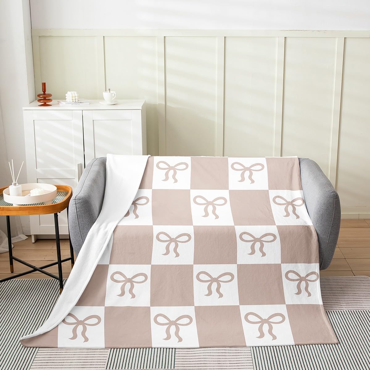 Feelyou Bow Knit Fleece Throw Blanket Checkered Flannel Blanket Plush Fuzzy Beige Brown White for Bed Couch Chair Living Room Cute Kawaii Queen 90"x90" Bedroom Decor