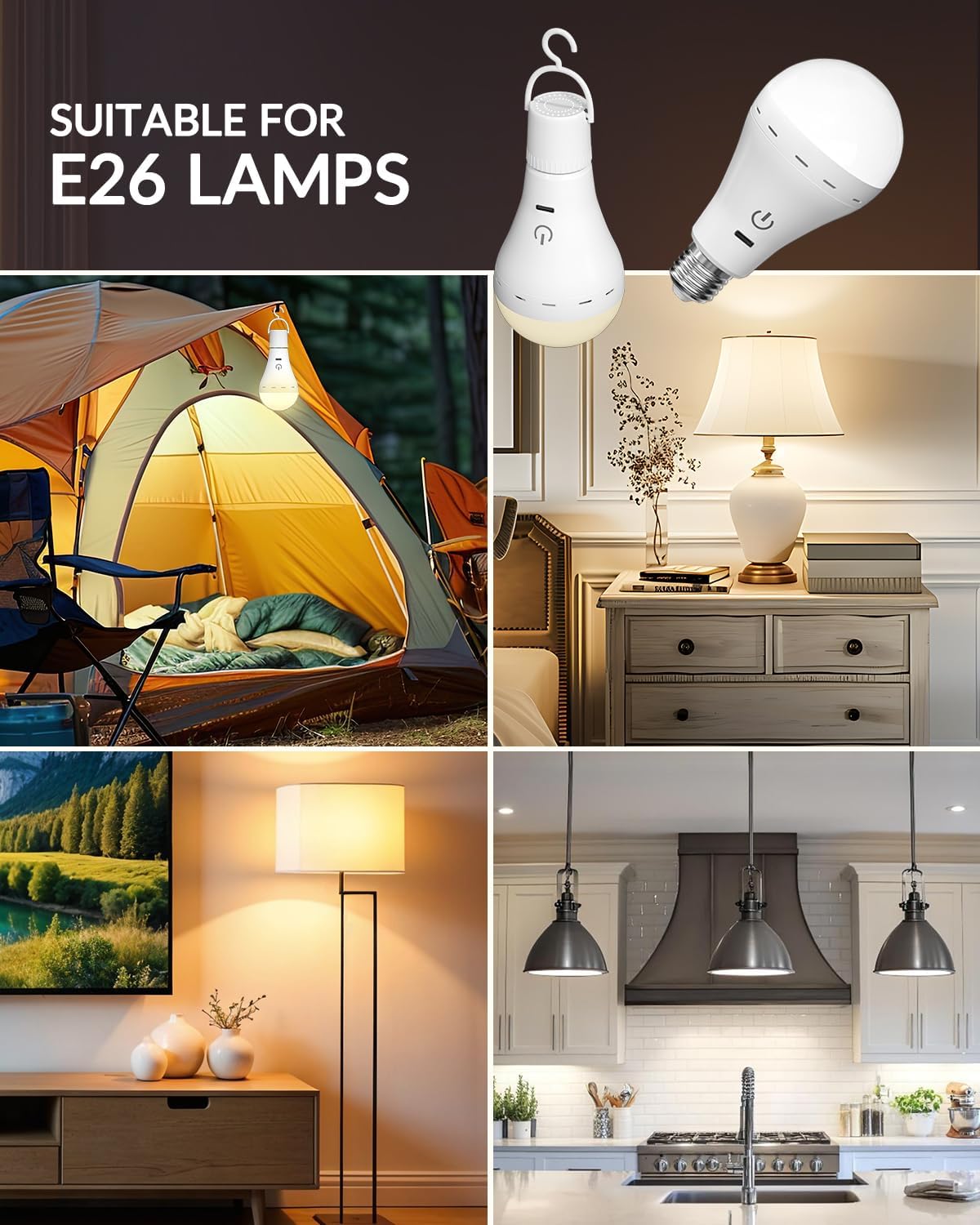 E26 Rechargeable Led Light Bulbs with Remote, 3 Colors Dimmable E26 Battery Operated Light Bulb with Timer, Emergency Rechargeable Light Bulbs, Up to 35 Hours, 2 Packs