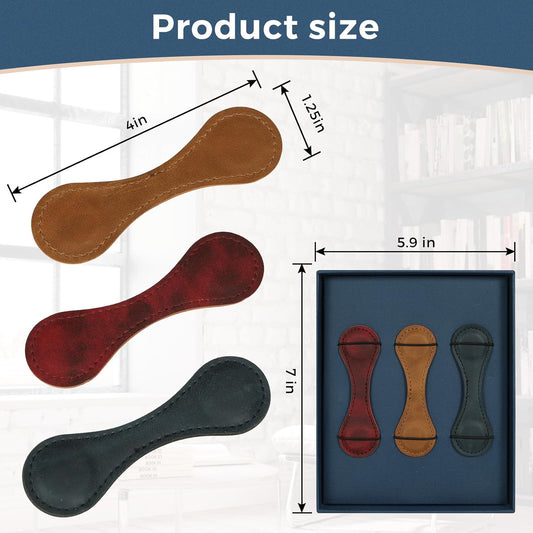 3PCS Magnetic Leather Bookmarks with Gift Box, Vintage Handmade Page Clips for Women and Men, Double-Sided Page Markers for Readers, Teachers, Students and Book Lovers