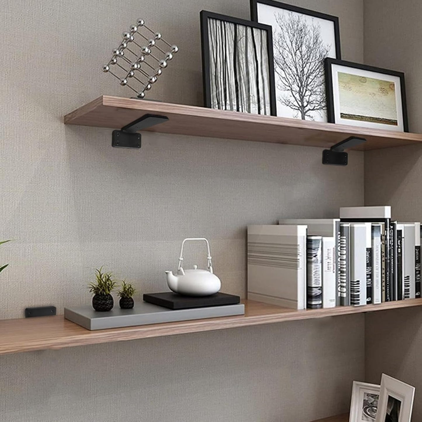 HITOMEN Heavy Duty Floating Shelf Brackets, 4-Inch (1/5'' Thick) Hidden Shelves Hardware, Iron L Brackets, Rustic Industrial Black Metal Wall Shelving Supports, 4 Pack