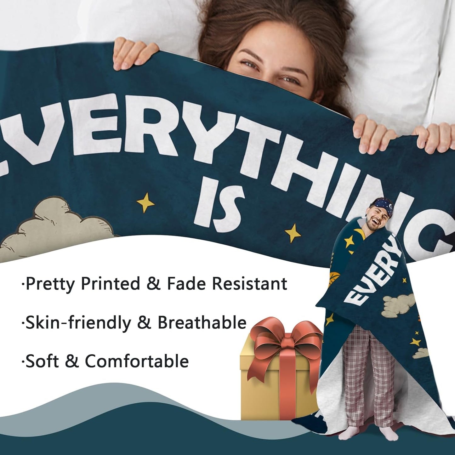 Inspirational Everything is Figureoutable Flannel Throw Blanket, Funny Frog Mushroom Motivational Kids Men Women Birthday Gifts, Positive Cottagecore Soft Blankets for Bedding Sofa 50" x 60"