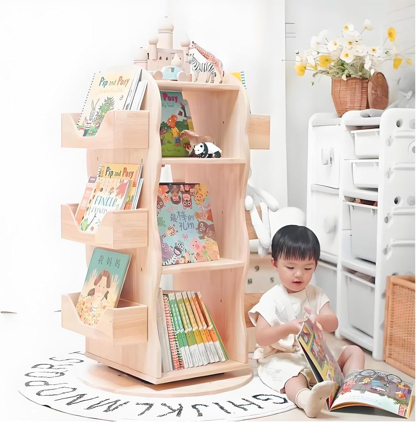 Rotating bookshelf,wooden bookcase,rotating bookshelf tower,spinning bookshelf,rotating book shelf,wood bookshelf,horizontal bookshelf,suitable for living room, bedroom, study, balcony