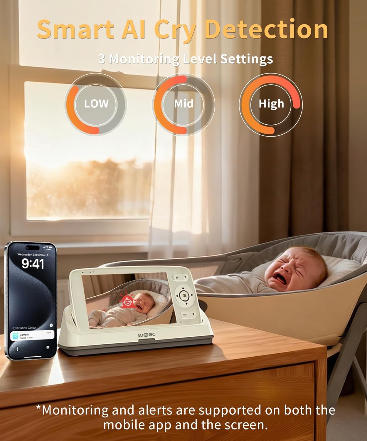 Smart Baby Monitor with Camera and Audio WiFi & No-WiFi Modes AI Cry Detection Night Vision 1080p FHD Camera and 5" Large Screen Two-Way Talk 1000ft Range Smart Alert Easy Setup for New Parents