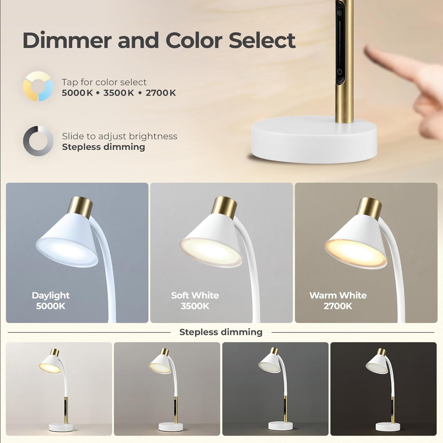 Globe Electric 62000035 15" LED Integrated Desk Lamp, Matte White, Brass Accent, Adjustable Gooseneck, Dimmable, 3 Color Temperature, 7.5W, 90 CRI, 400 Lumens, Reading Light, Dorm Room Essentials