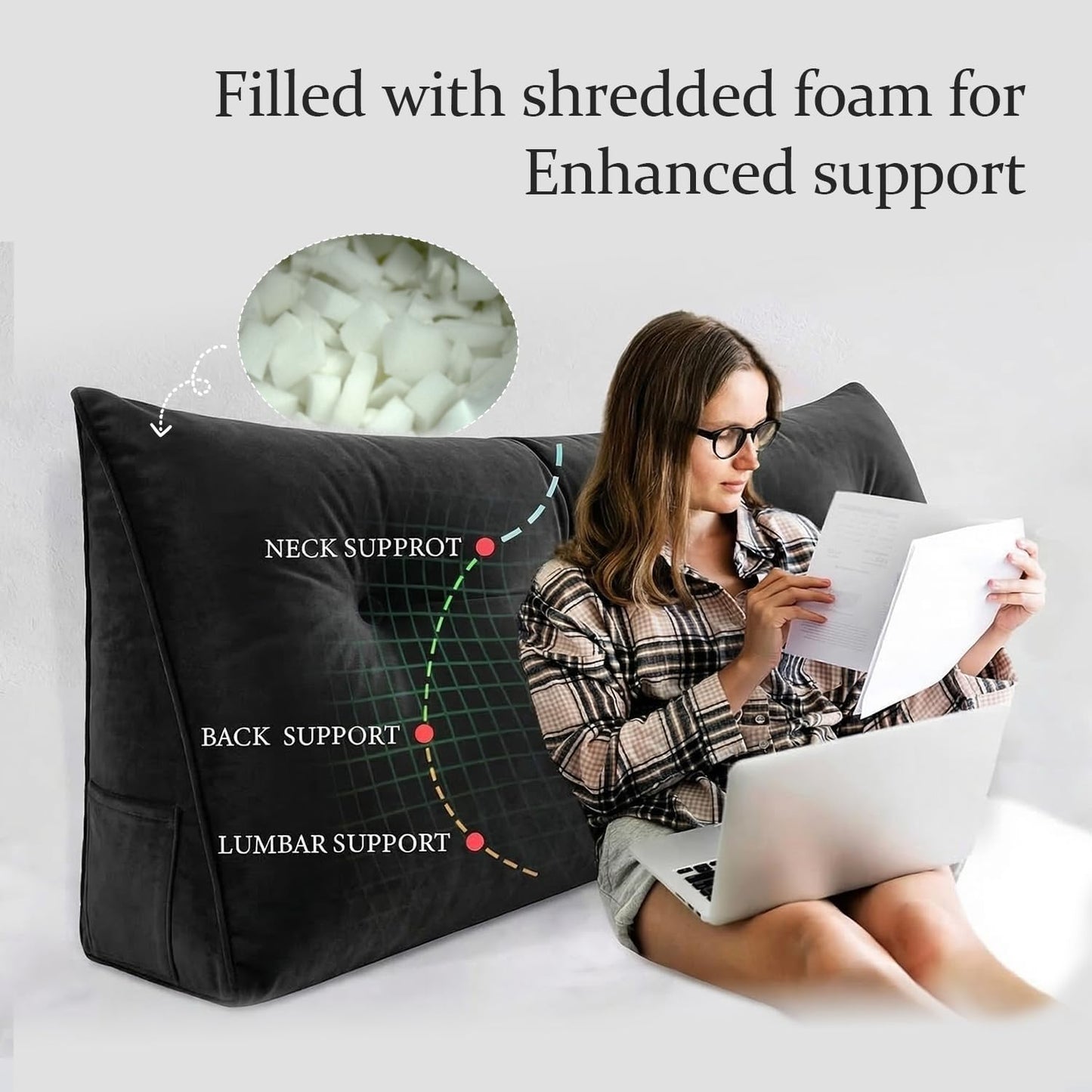 Headboard Pillow - 3 in 1 Large Bed Pillow as Wedge Reading Pillow, Large Couch Daybed Pillow or Positioning Support Backrest, Shredded Foam Back Support Pillow with Velvet Cover Twin Gloss