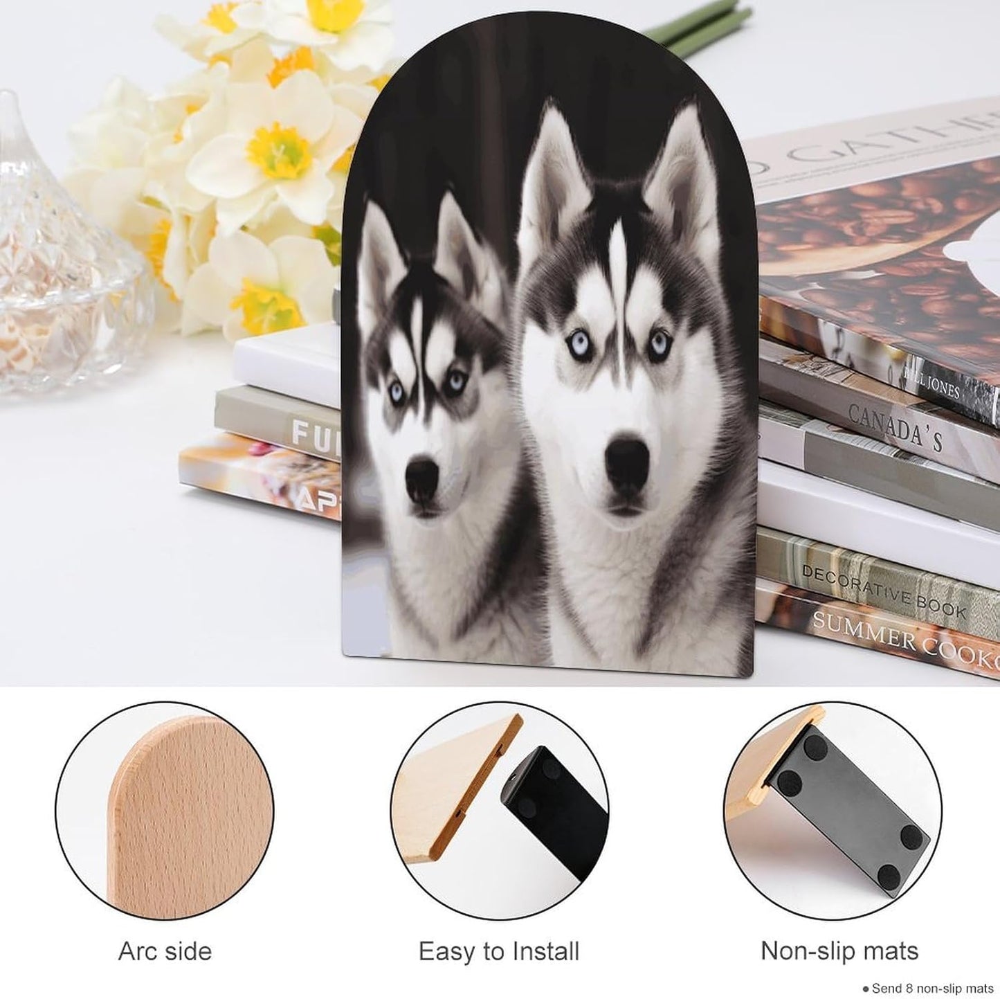 Husky Dog Bookend for Shelves Wooden Book End Large Size Sturdy Book Holders Stoppers with Metal Base for Bookshelves Slick Decorative Bookends Stands
