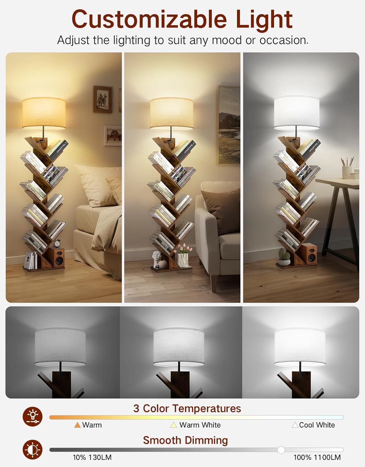 9 Tier Tree Bookshelf with Light, Remote & Timer, Modern Tall Floor Standing Book Shelf, Narrow Wood Bookcase, Small Book Organizer Shelves for Living Room, Bedroom, Office