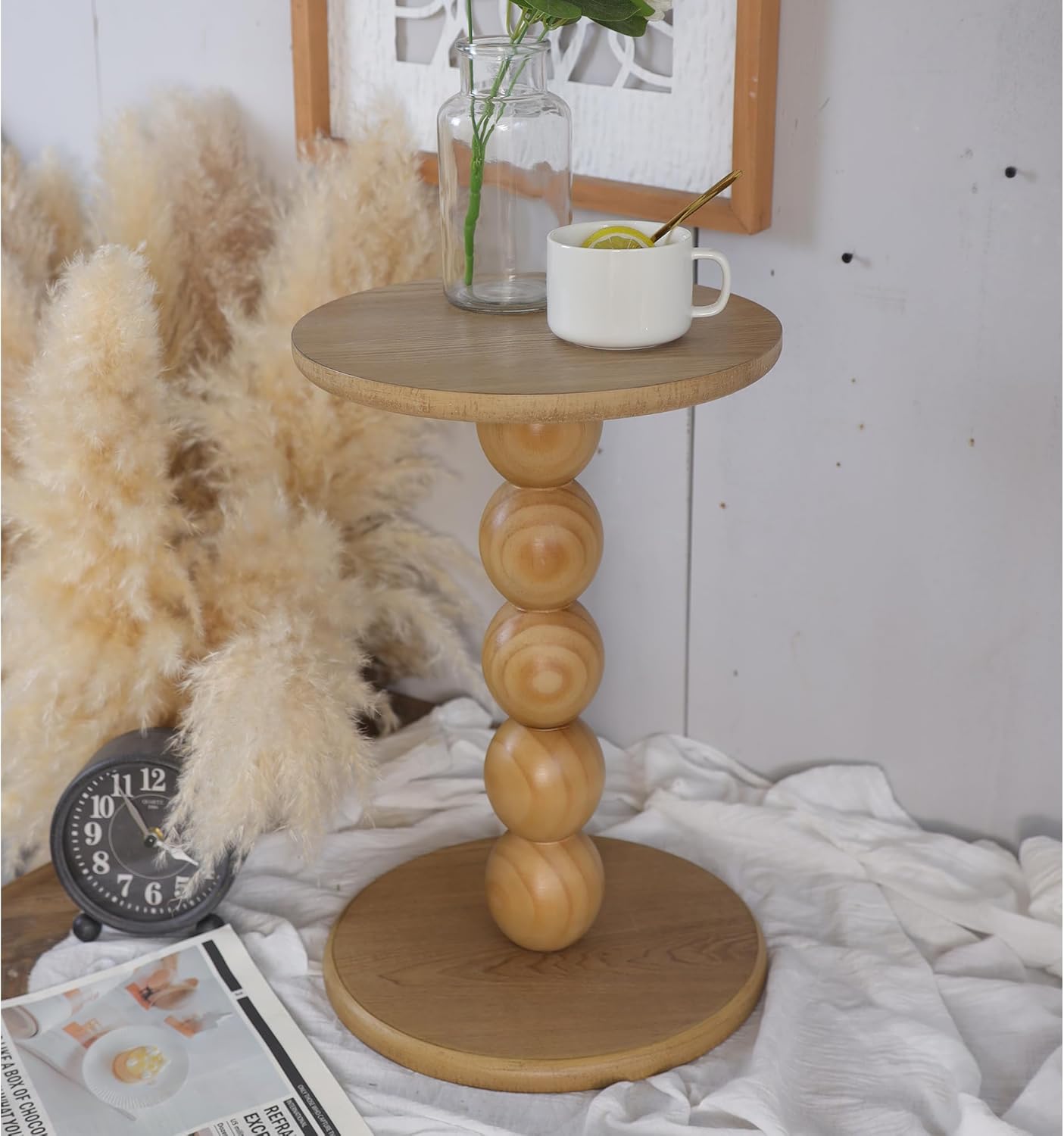 Small Round Wooden Side Table with Stacked Ball Pedestal Base, 12.4 X17.32 Accent Nightstand for Living Room, Bedroom, Corners (Natural)
