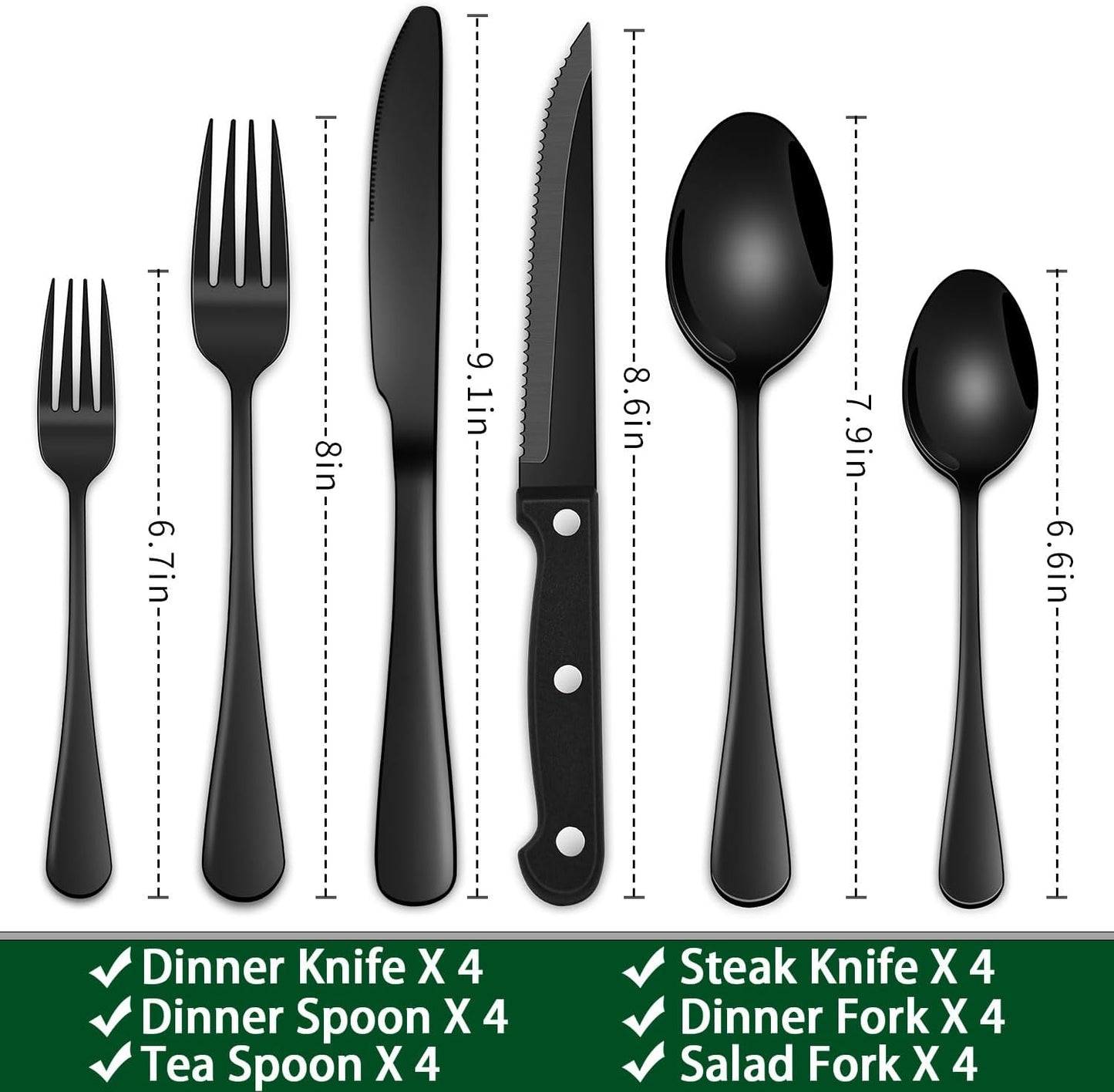 24-Piece Black Silverware Set with Steak Knives, Black Flatware Set for 4, Food-Grade Stainless Steel Tableware Cutlery Set, Mirror Finished Knife Spoon And Fork Sets for Home Restaurant