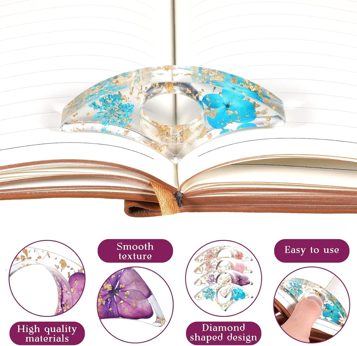4 Pcs Books Page Holder Dried Flower Resin Transparent Bookmark Thumb Bookpage Holder Reading Accessory Book Clips to Hold Books Open Book Accessories Gift for Reading Lovers Teachers Students