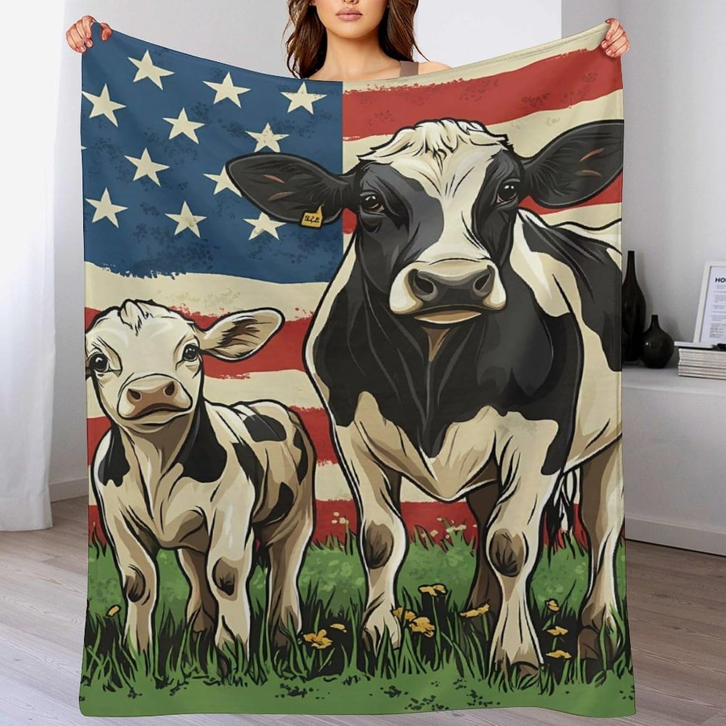 U.S Flag Cow Animal Throw Blanket for Couch Bed Plush Cozy Fuzzy Flannel Blanket for All Season 40"x60"