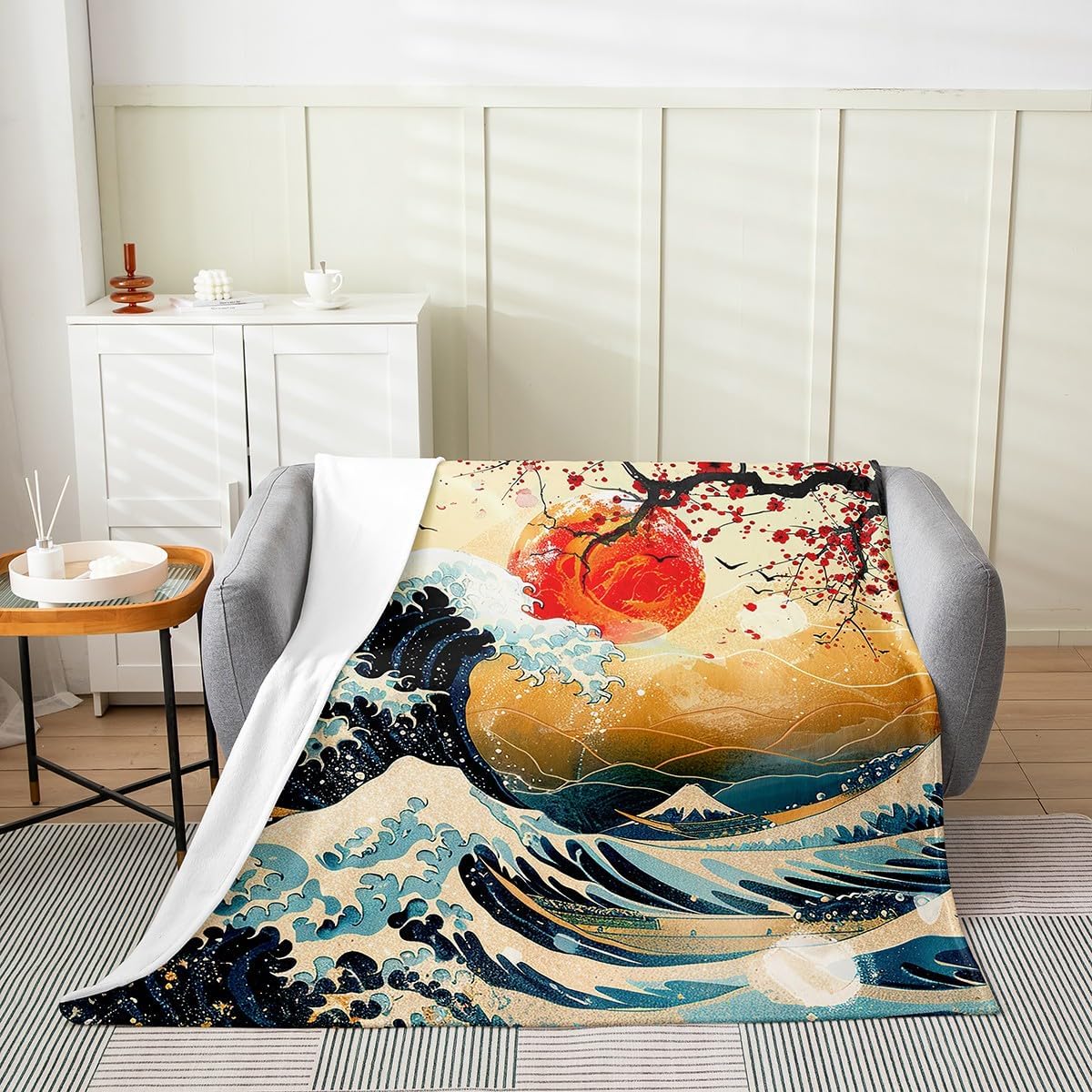 Feelyou Japanese Wave Flannel Fleece Throw Blanket Queen 90"x90" Cherry Blossoms Plush Blanket for Boys Girls Japanese Ukiyoe Home Decor Fuzzy Blanket Red Sun Japanese Style All Season Bed Blanket