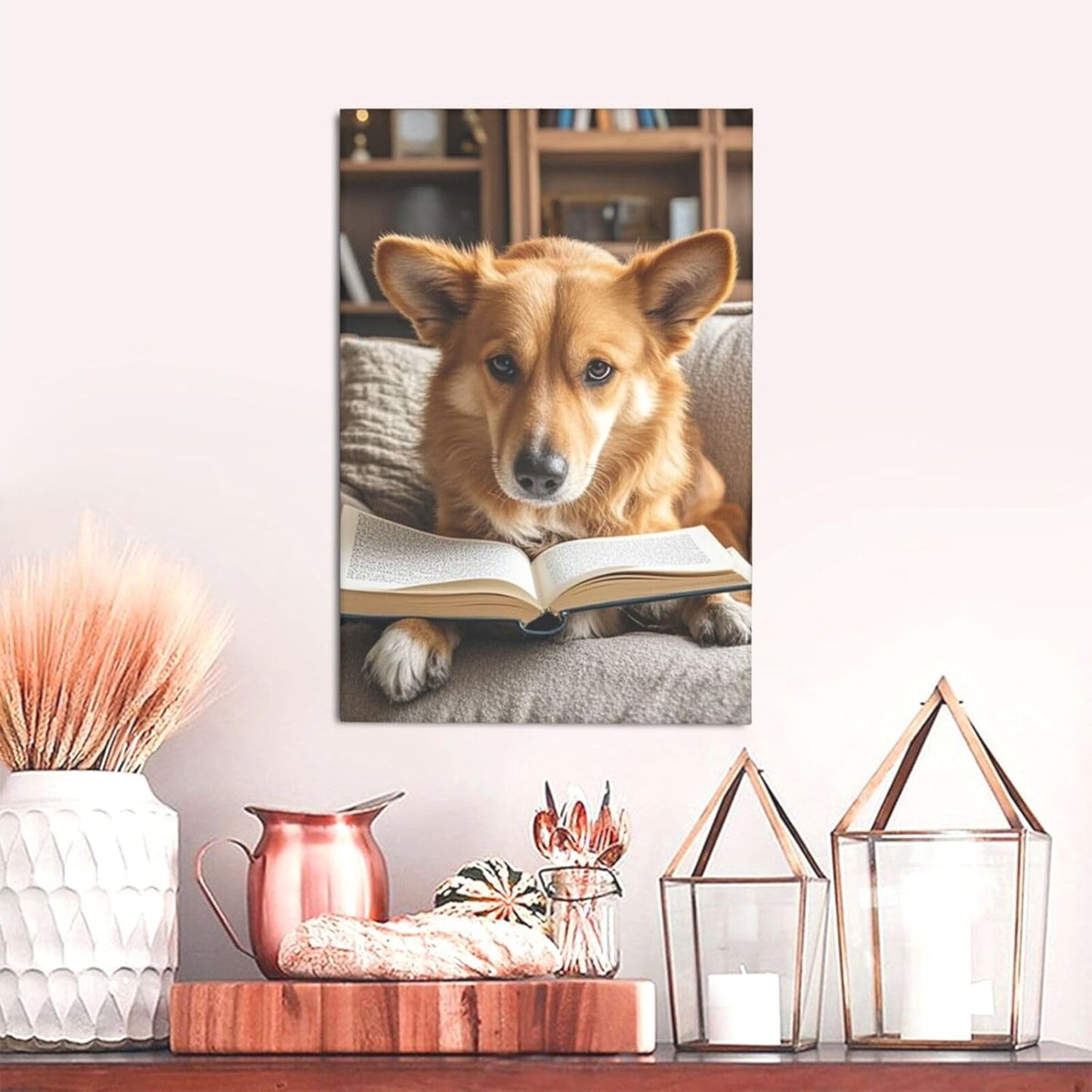 Canvas Wall Art Poster Personalized Pictures Print Reading Dog Wall Pictures Modern Art Canvas Painting Framed Artwork Aesthetic Poster for Living Room Bedroom Office Home Decor 12x18in