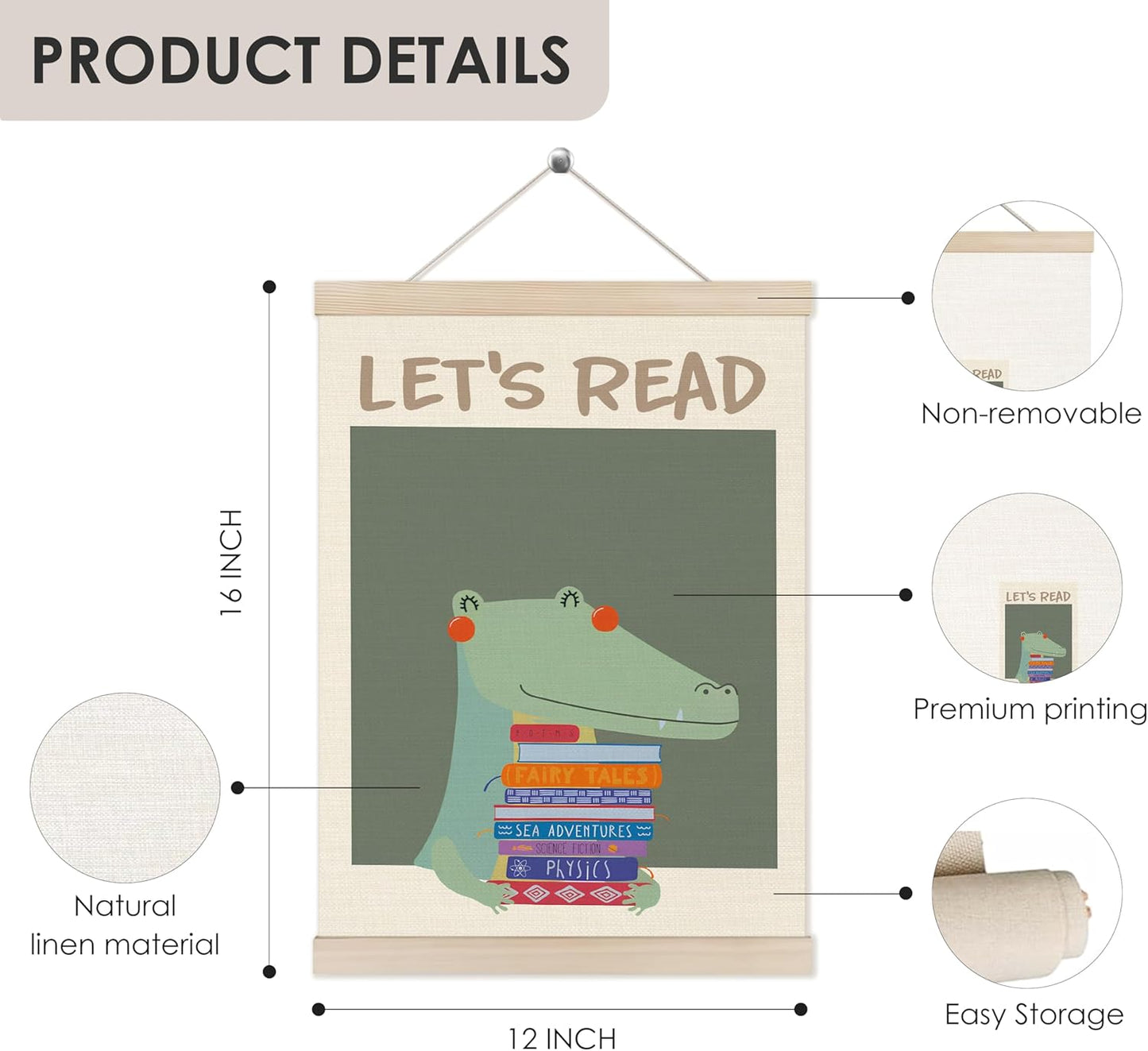 HUGANE Dinosaur Wall Decor, Let's Read Dinosaur Wall Art Poster, Posters for Boys Kids Room Playroom Nursery Classroom, Reading Nook Decor,2x16 Inches(Color-2)