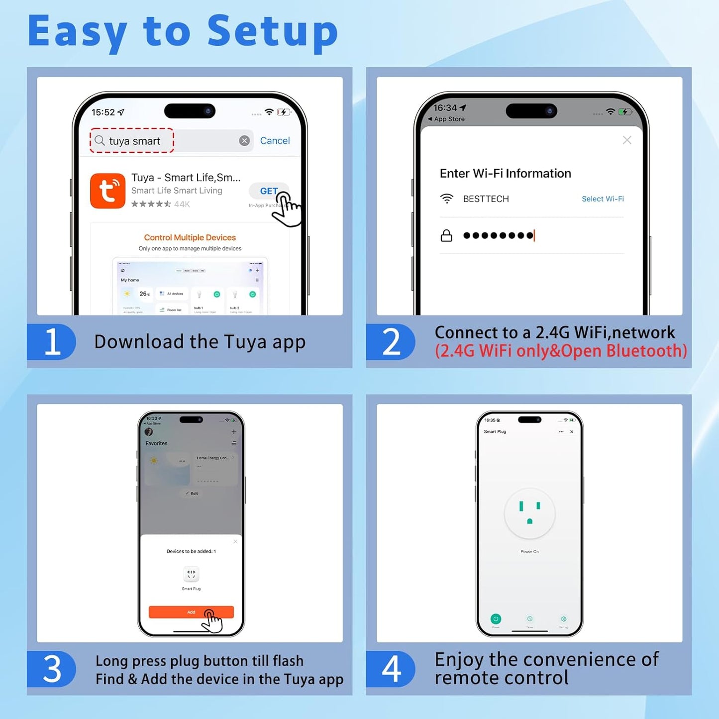 WiFi Smart Outlet Plug with Remote,GreenCycle Electric Smart Plug with Wall Switch,Compatible with Alexa and Google Home via Tuya,15A/1500W,Remote Control from Anywhere,TUV FCC List(2.4G)