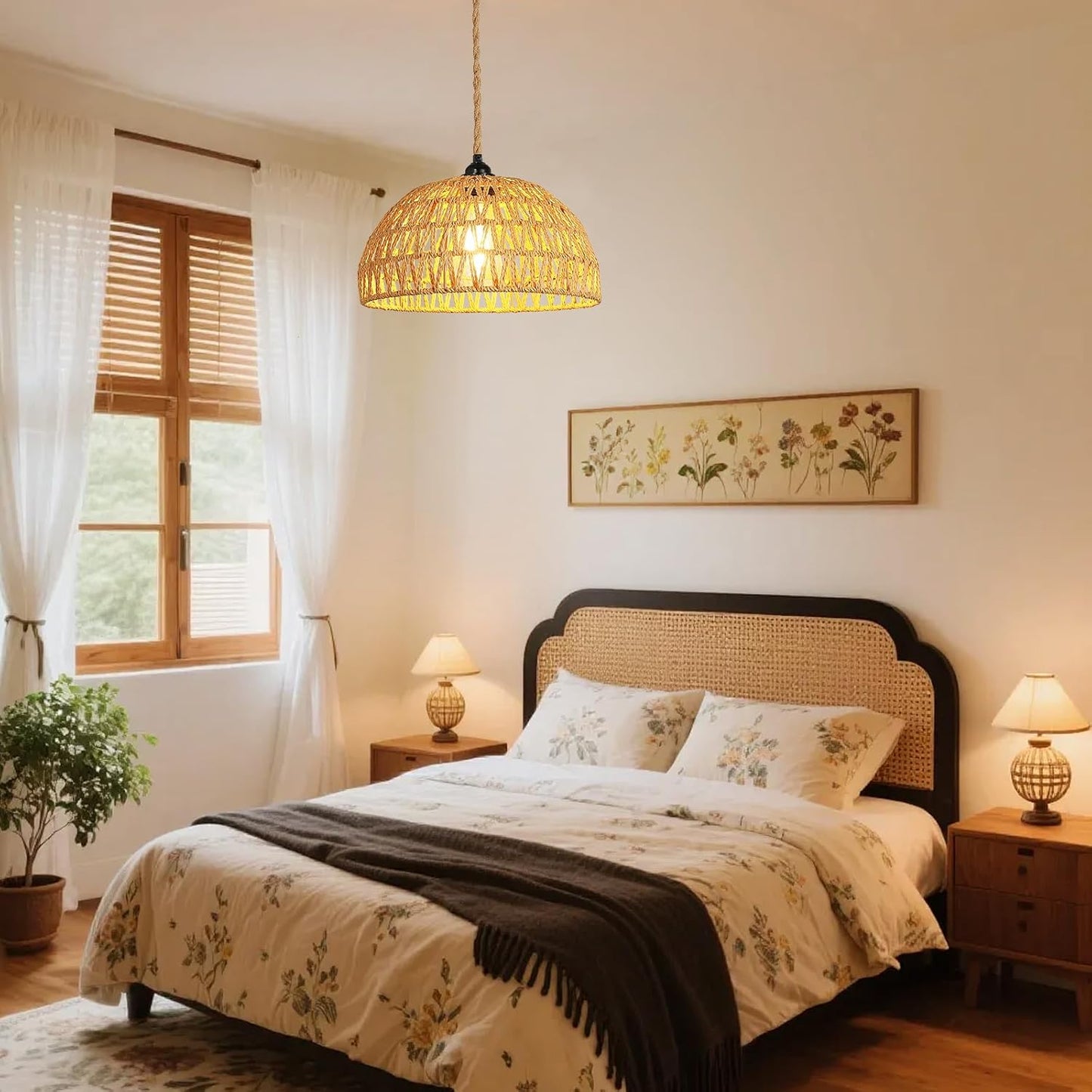 Boho Pendant Light Plug in: Rattan Hanging Lamp with 14.7ft Plug in Cord, Adjustable Height Hand Woven Hanging Light Fixture for Living Room, Bedroom, Dining Room, Kitchen, E26 No Bulb