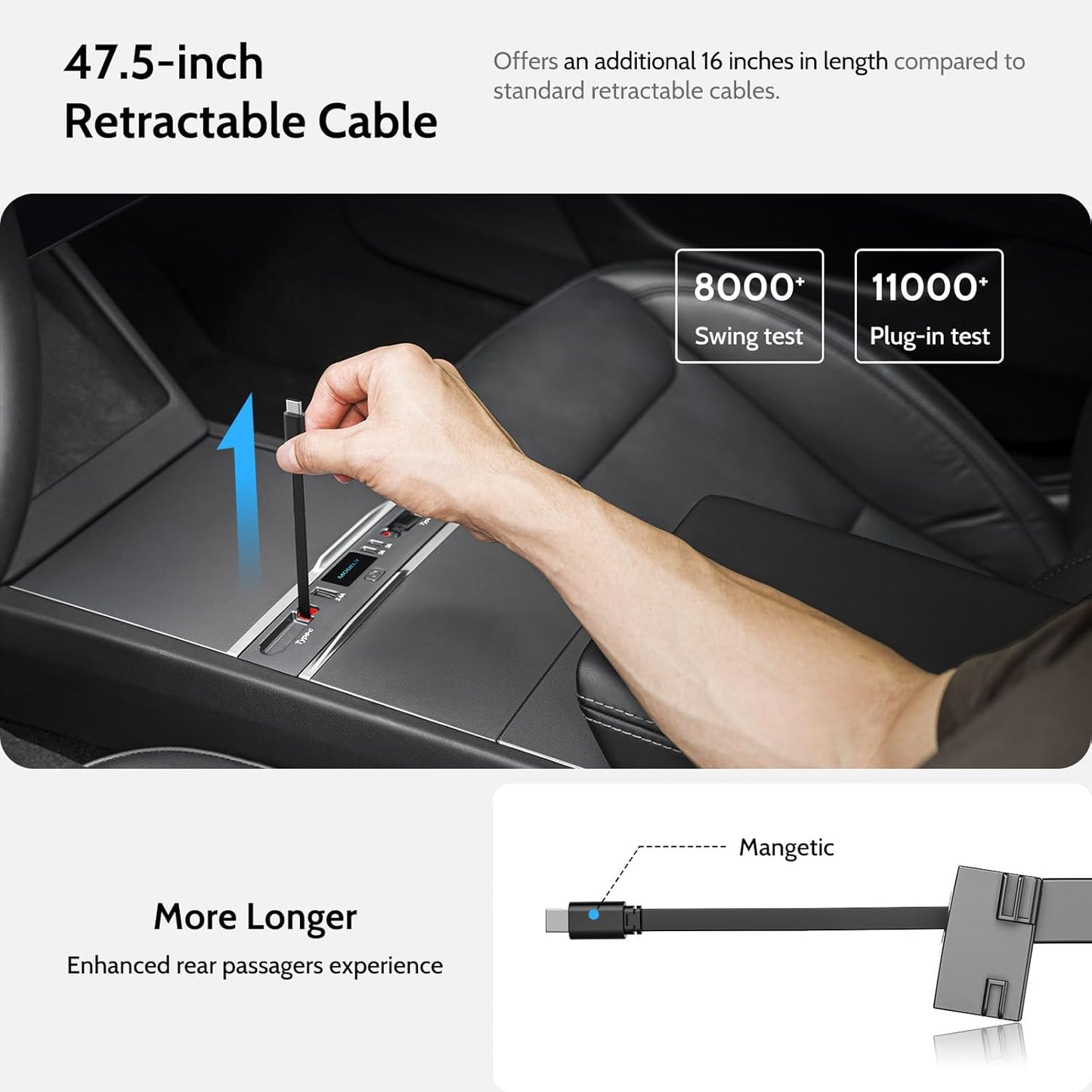 Max 132W Dual Type-C USB Hub, Tesla New Model Y Juniper (2026/2025) Accessories, 5 in 1 Fast Charger for iPhone 16/15 Series, 2-Retractable Cable & 3-Port Docking Station