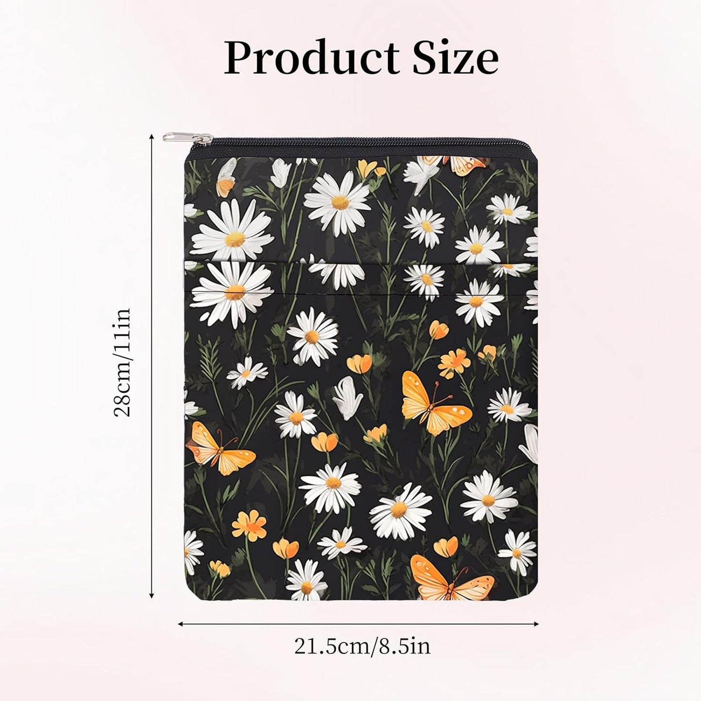 NICENEEDED Book Sleeve with Butterfly Sunflower Design, Waterproof Front Pocket Book Pouch for Women, Washable Book Protector with Zipper for Notebooks Hardcover and Paperback