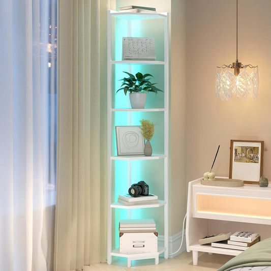 Corner Shelf with LED Light, 6-Tier Corner Bookshelf, Tall Narrow Display Bookcase with Metal Frame, Standing Shelf for Small Space, Living Room, Home Office, Bedroom, White CS66613W