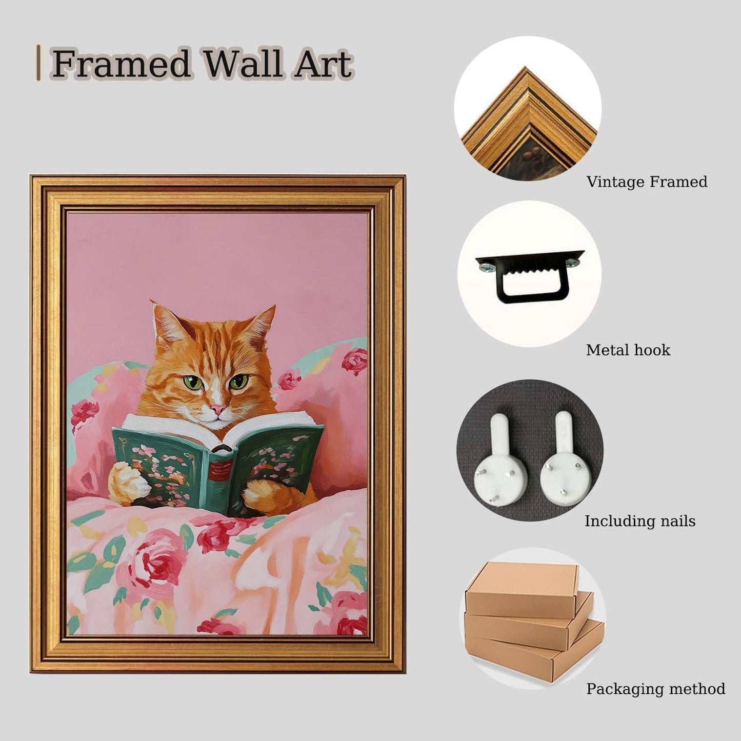 BRUZYIYE Cat Wall Art Vintage Gold Framed Wall Art Cat Pictures Wall Decor Funny Animal Reading Books Paintings Cute Kitten Lovers Aesthetic Canvas Prints for Nursery Girls Room Bedroom Kids Room 12x16in