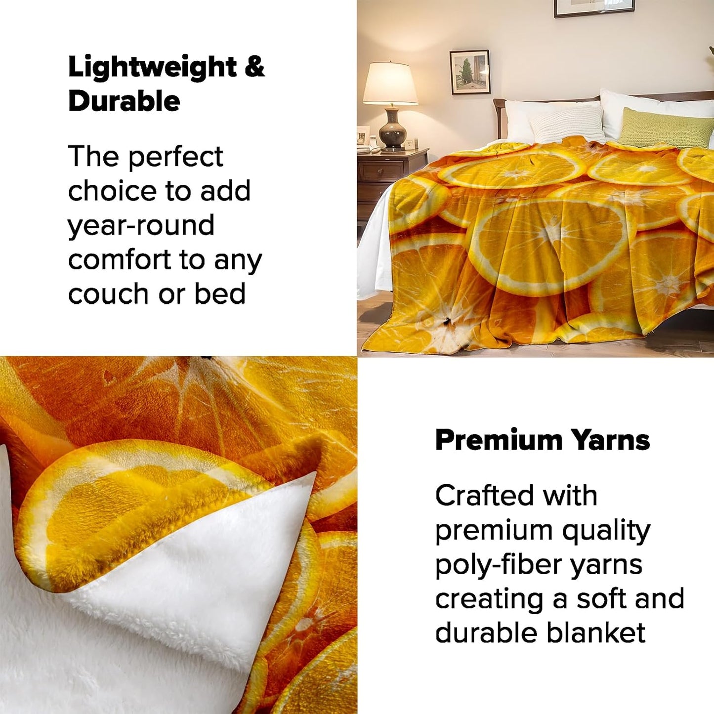 Citrus Slice Blanket Gifts - Bright Orange Fleece Throw with Fresh Fruit Design - Perfect for Summer Decor, and Fruit Lovers - 50x60 Inches